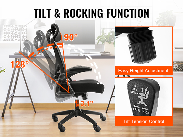 VEVOR ergonomisks biroja krēsls ar slīpēšanas un šūpošanās funkciju, vieglu augstuma regulēšanu un slīpēšanas spriegojuma kontroli.