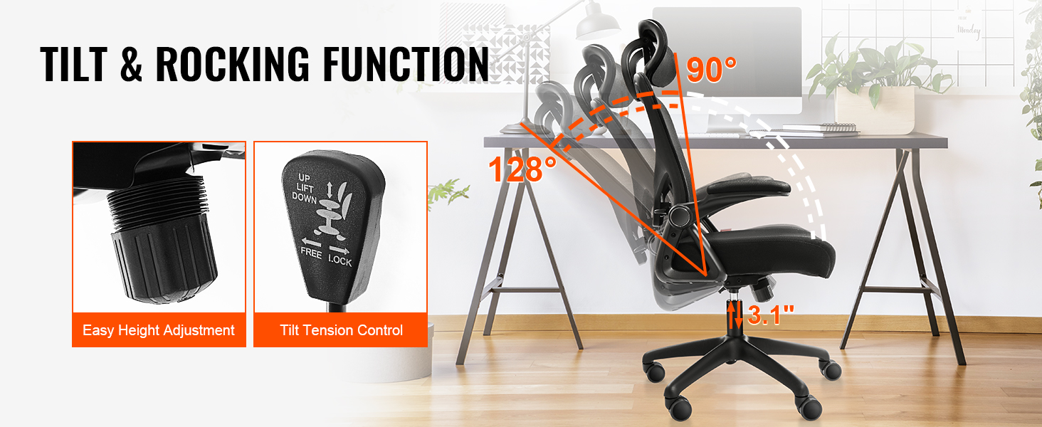 VEVOR ergonomisks biroja krēsls ar slīpēšanas un šūpošanās funkciju, vieglu augstuma regulēšanu un slīpēšanas spriegojuma kontroli.
