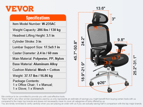 VEVOR ergonomic office chair features adjustable headrest, lumbar support, mesh seat, and robust aluminum base.