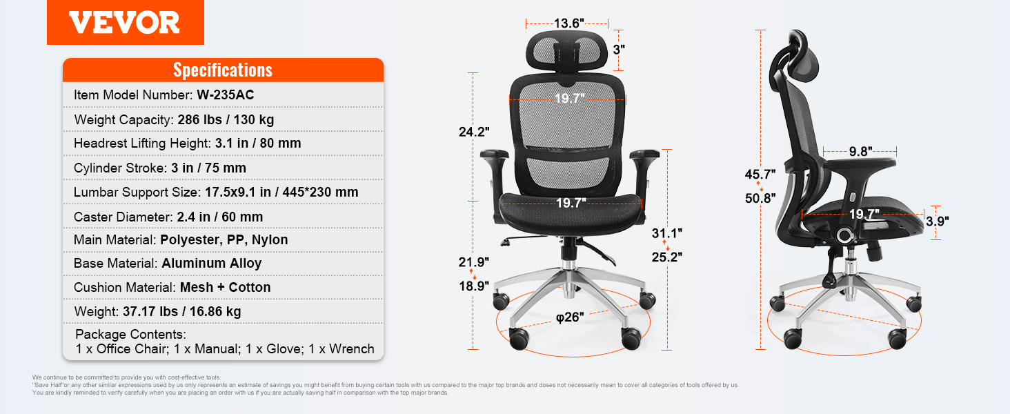 VEVOR ergonomic office chair features adjustable headrest, lumbar support, mesh seat, and robust aluminum base.