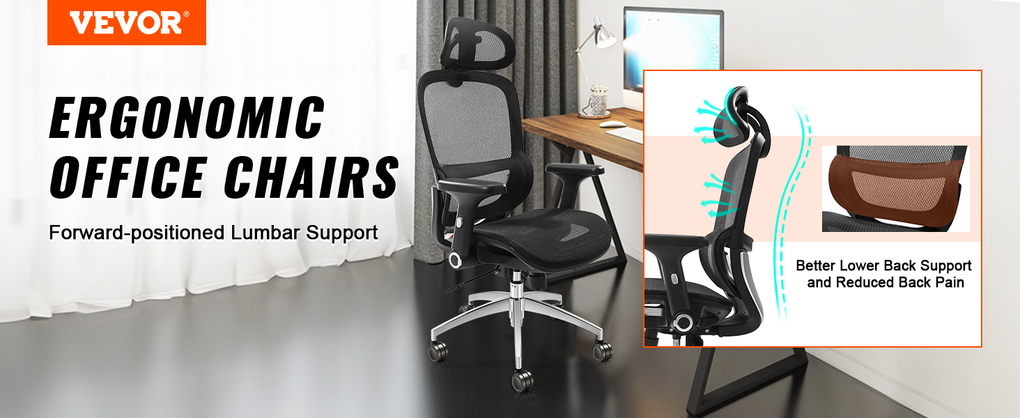 VEVOR ergonomic office chair with forward-positioned lumbar support for better lower back support.