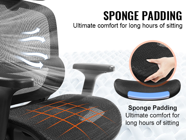 VEVOR ergonomic office chair with skin-friendly mesh fabric and sponge padding for long sitting comfort.