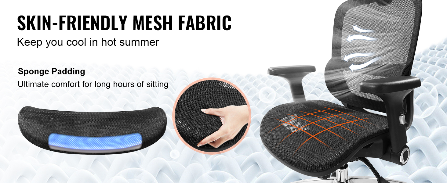 VEVOR ergonomic office chair with skin-friendly mesh fabric and sponge padding for long sitting comfort.