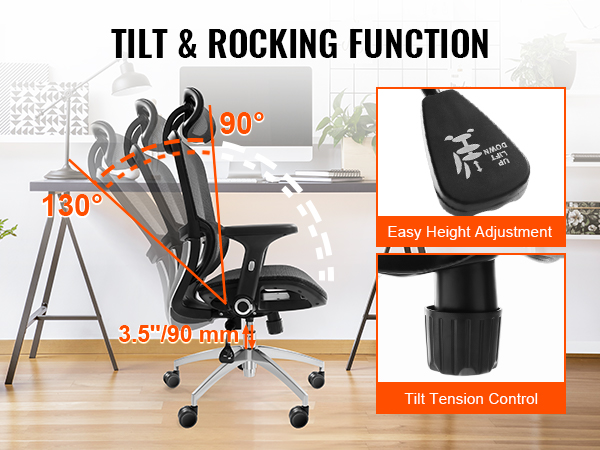 VEVOR ergonomic office chair with tilt and rocking function, easy height adjustment, and tension control.