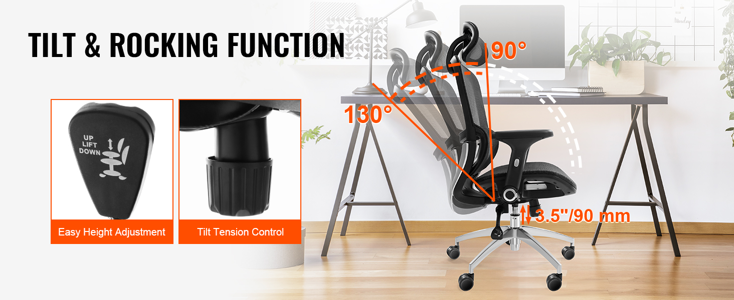 VEVOR ergonomic office chair with tilt and rocking function, easy height adjustment, and tension control.