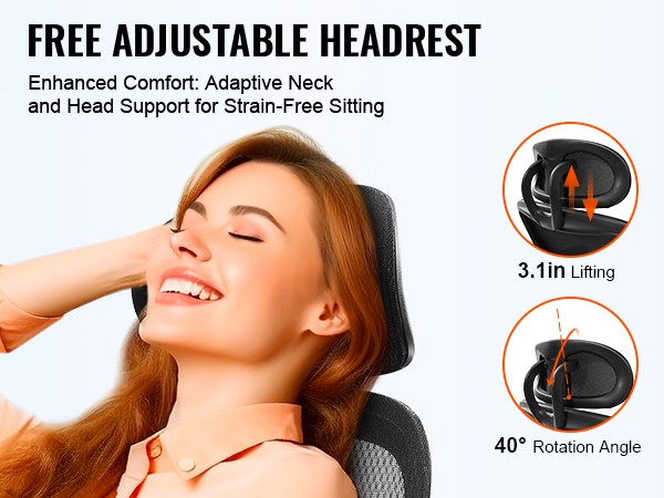VEVOR ergonomic office chair with adjustable headrest for adaptive neck and head support.