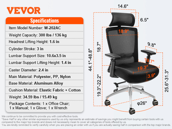 VEVOR ergonomic office chair with adjustable headrest, lumbar support, and aluminum alloy base.