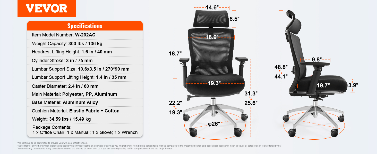 VEVOR ergonomic office chair with adjustable headrest, lumbar support, and aluminum alloy base.