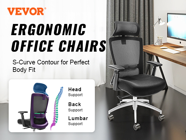 VEVOR ergonomic office chair with head, back, and lumbar support next to wooden desk and computer.