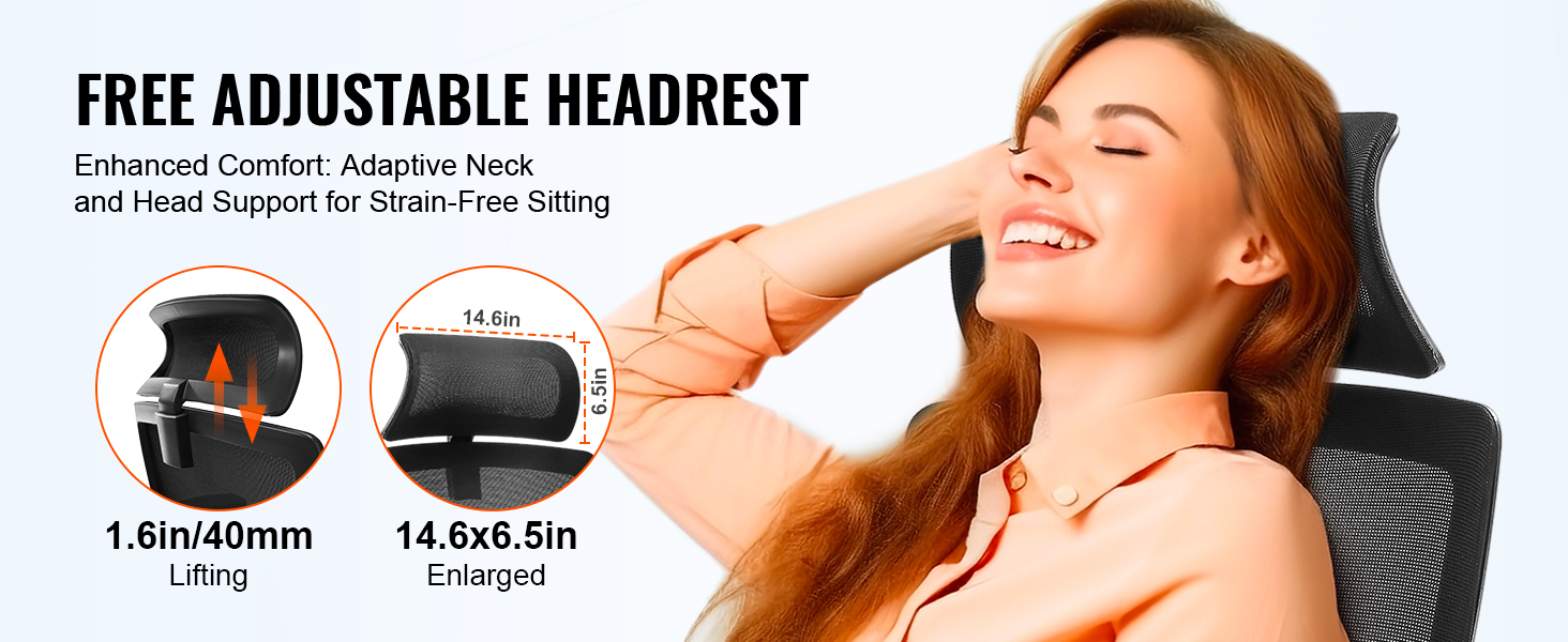 VEVOR ergonomic office chair with adjustable headrest for adaptive neck and head support, 1.6in lifting.