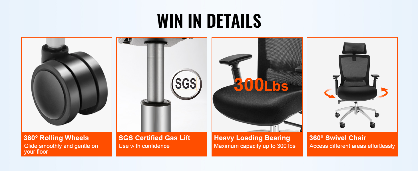 VEVOR ergonomic office chair features 360° rolling wheels, sgs gas lift, 300lbs capacity, and swivel chair.