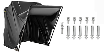 VEVOR motorcycle shelter with black cover and metal frame, bolts and anchors included.