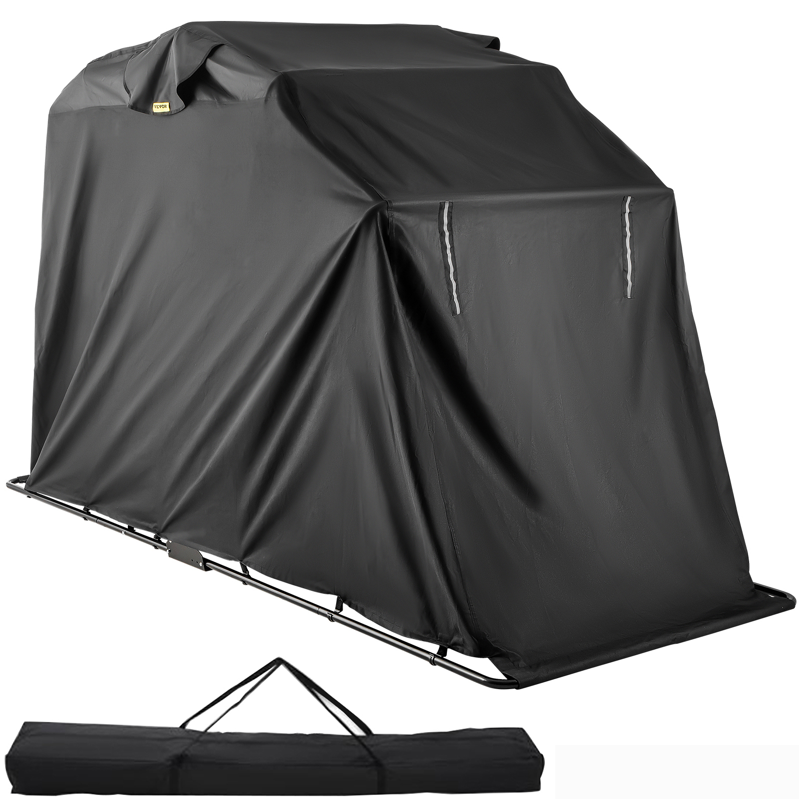 VEVOR motorcycle shelter in black with a storage bag below.
