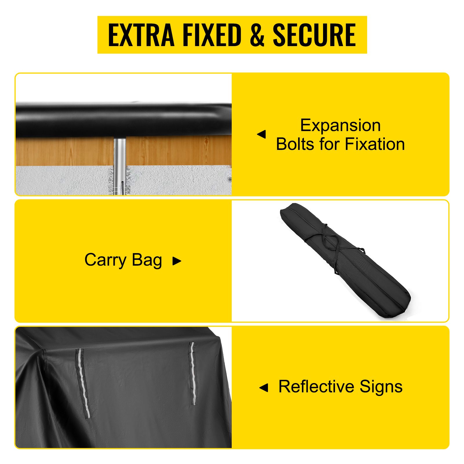 VEVOR motorcycle shelter features expansion bolts, carry bag, and reflective signs.