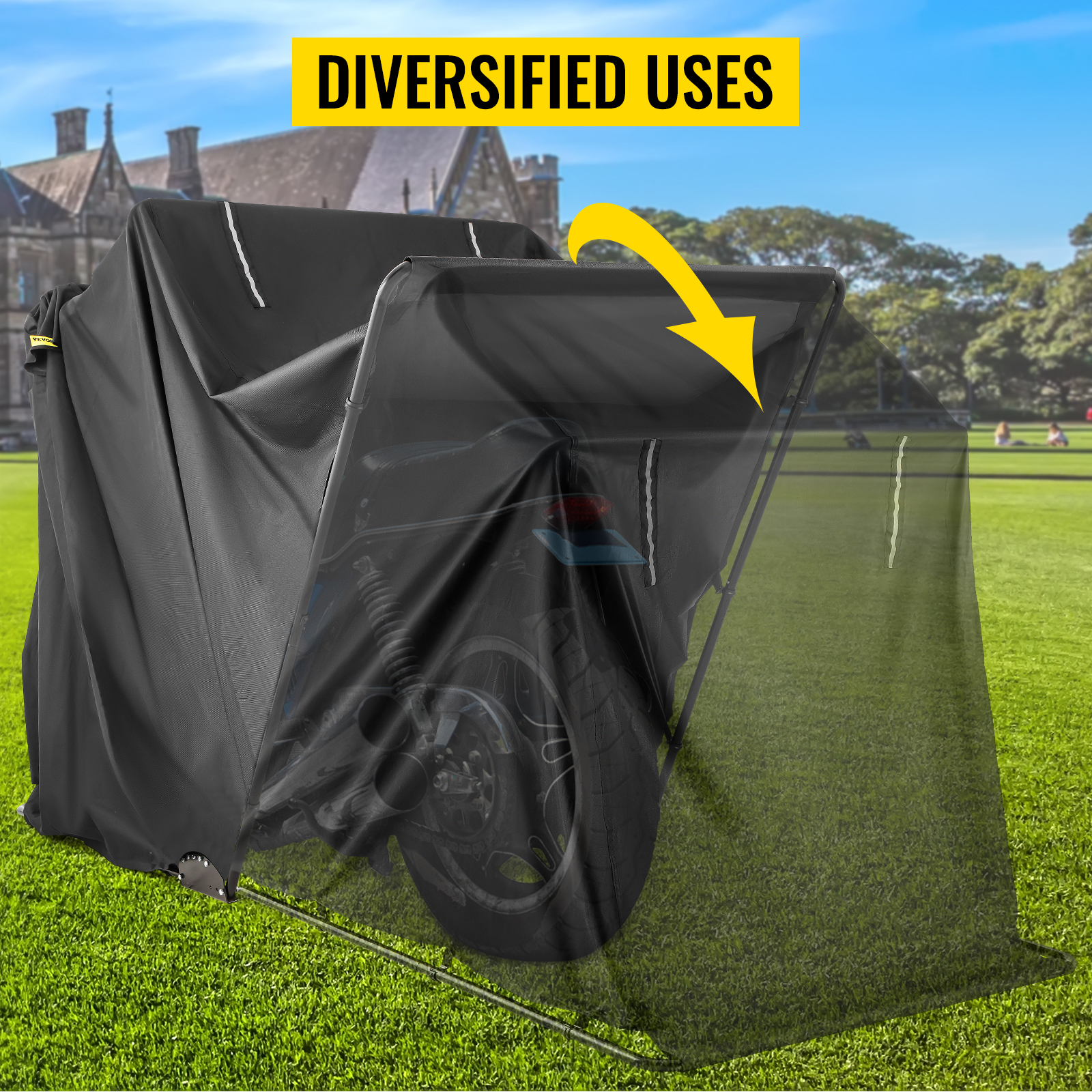 VEVOR motorcycle shelter with black cover on grass, illustrating versatile use.