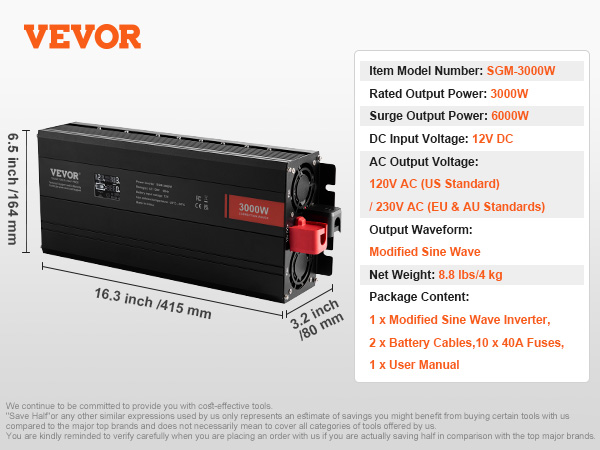 VEVOR modified sine wave inverter 3000w, 120v ac, 12v dc input, 6000w surge, dimensions 16.3x6.5x3.2 in.