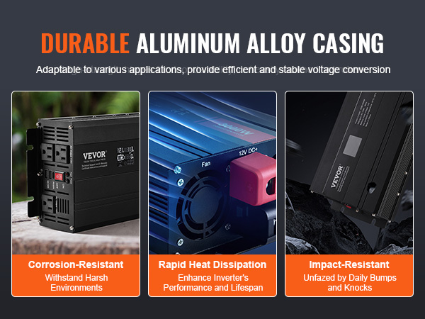 VEVOR modified sine wave inverter with durable aluminum alloy casing, corrosion, heat, and impact resistance.