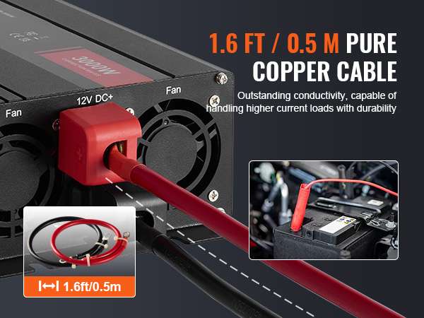 VEVOR modified sine wave inverter with 1.6ft pure copper cable for high current loads.