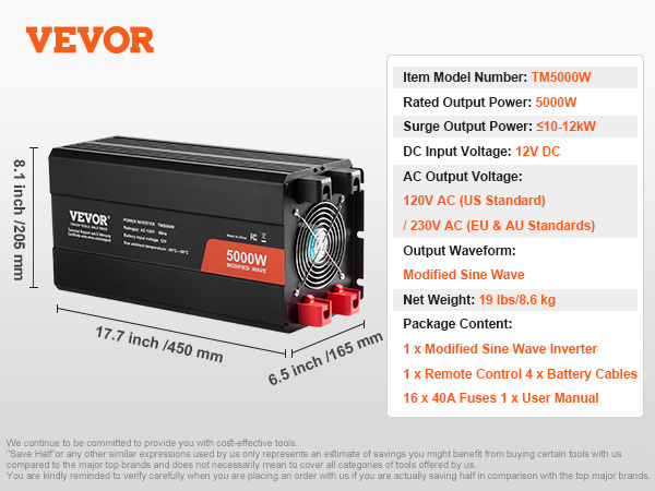 VEVOR sine wave inverter, 5000w power, 19 lbs, dimensions 17.7"x6.5"x8.1". includes accessories.