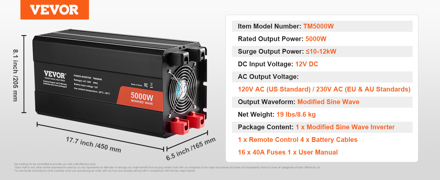 VEVOR sine wave inverter, 5000w power, 19 lbs, dimensions 17.7"x6.5"x8.1". includes accessories.