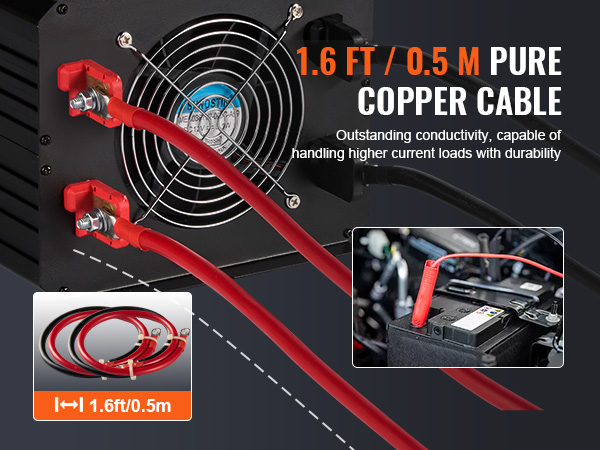 VEVOR sine wave inverter with 1.6 ft / 0.5 m pure copper cables for high conductivity and durability.