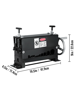 VEVOR wire stripping machine with dimensions: 16.5in x 9in x 4.5in