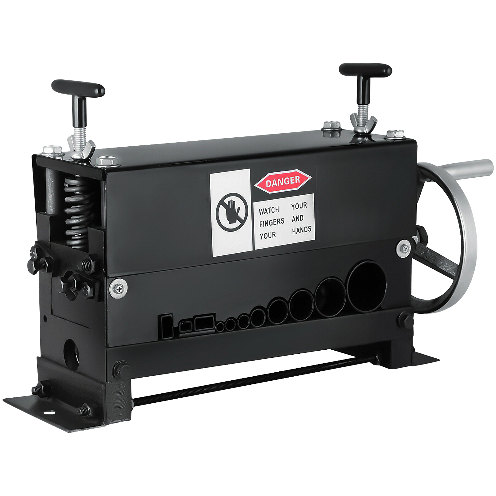 VEVOR wire stripping machine with safety warning label and dual adjustment knobs.