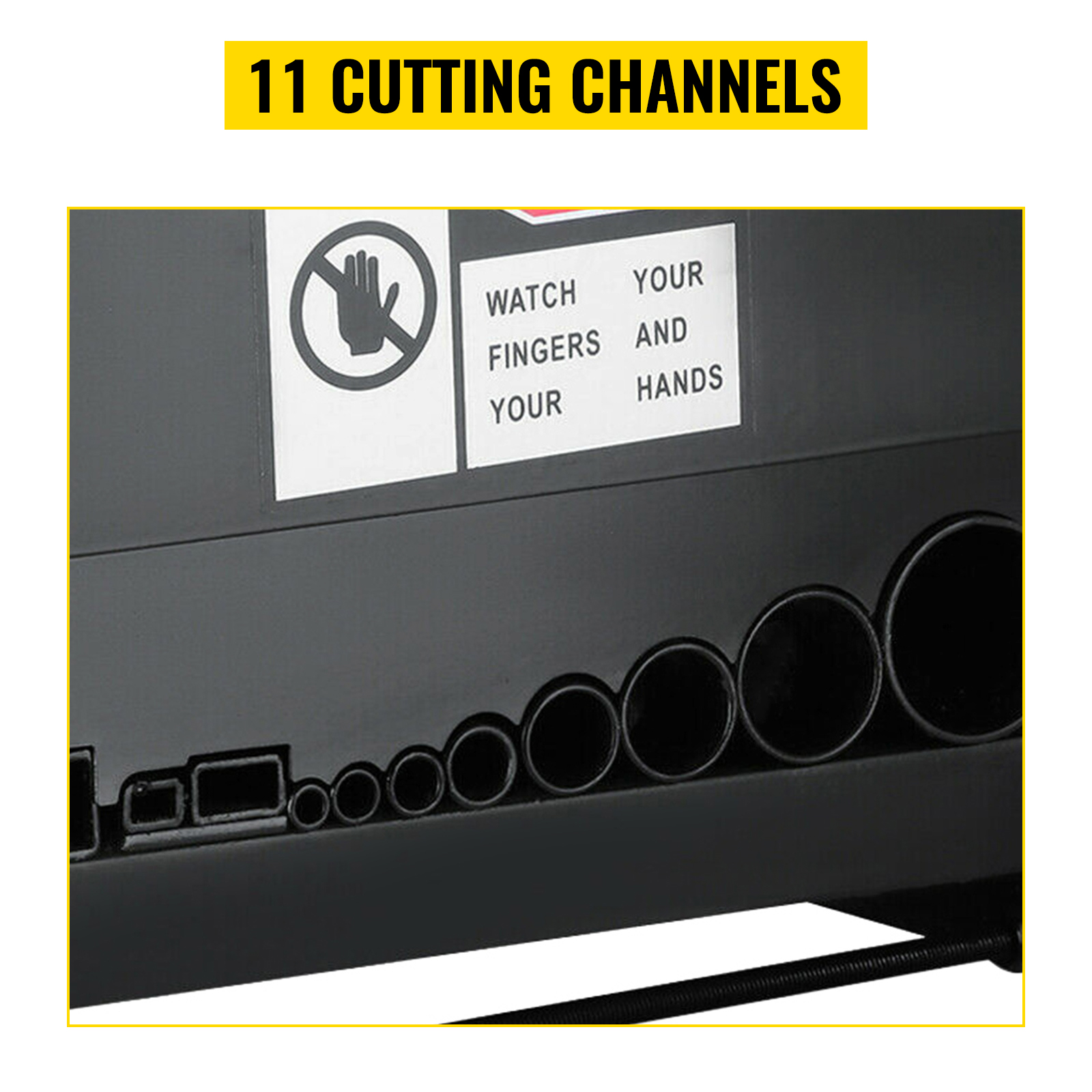 VEVOR wire stripping machine with 11 cutting channels and safety warning sticker