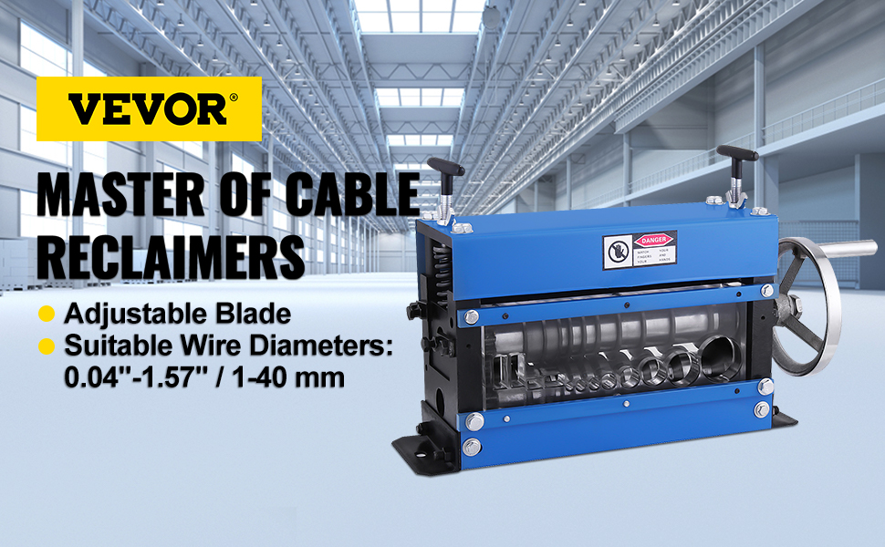 VEVOR wire stripping machine, adjustable blade, suitable for 1-40 mm wire diameters.