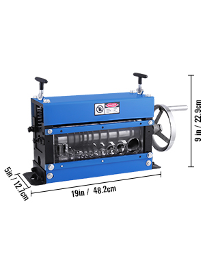 blue VEVOR wire stripping machine with dimensions 19"x9"x5" on display.