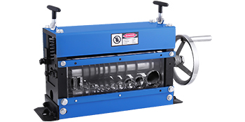 blue VEVOR wire stripping machine with handle and adjustment knobs.
