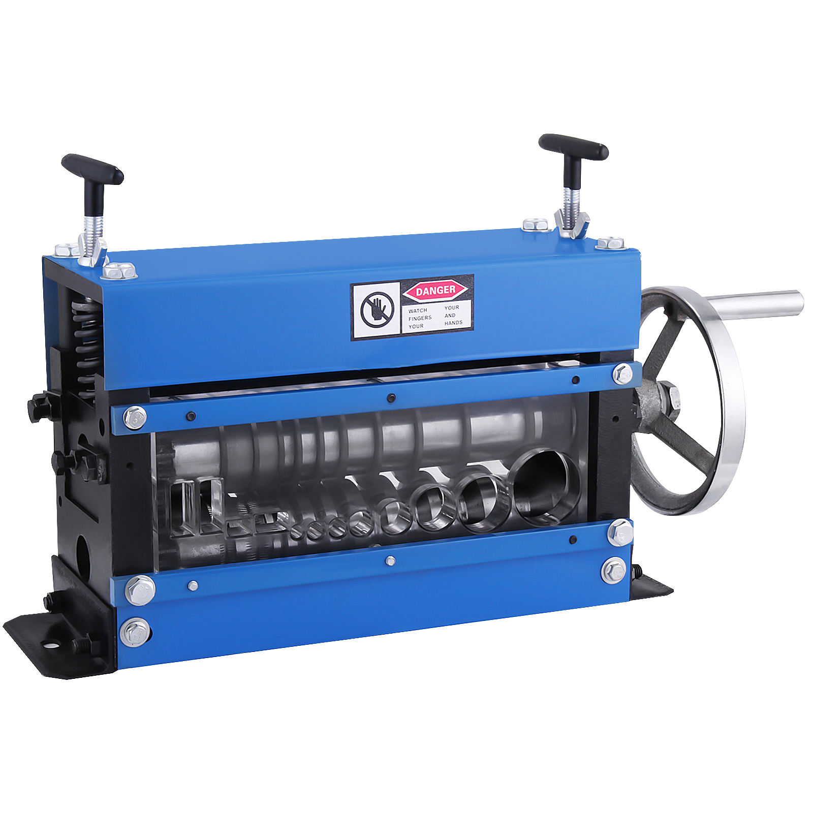 VEVOR wire stripping machine with adjustable knobs and hand crank in blue and black.
