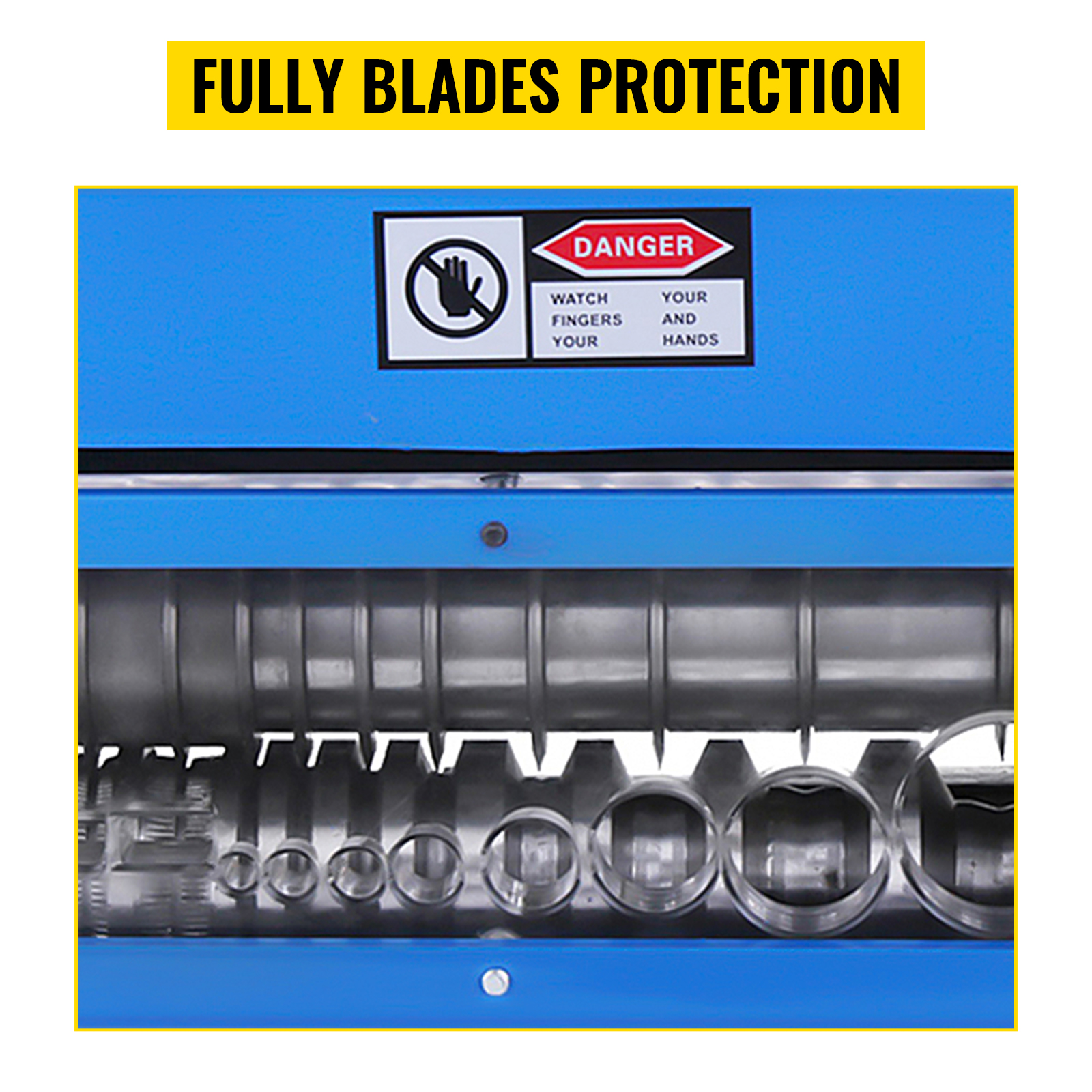 VEVOR wire stripping machine with fully protected blades and safety warning.