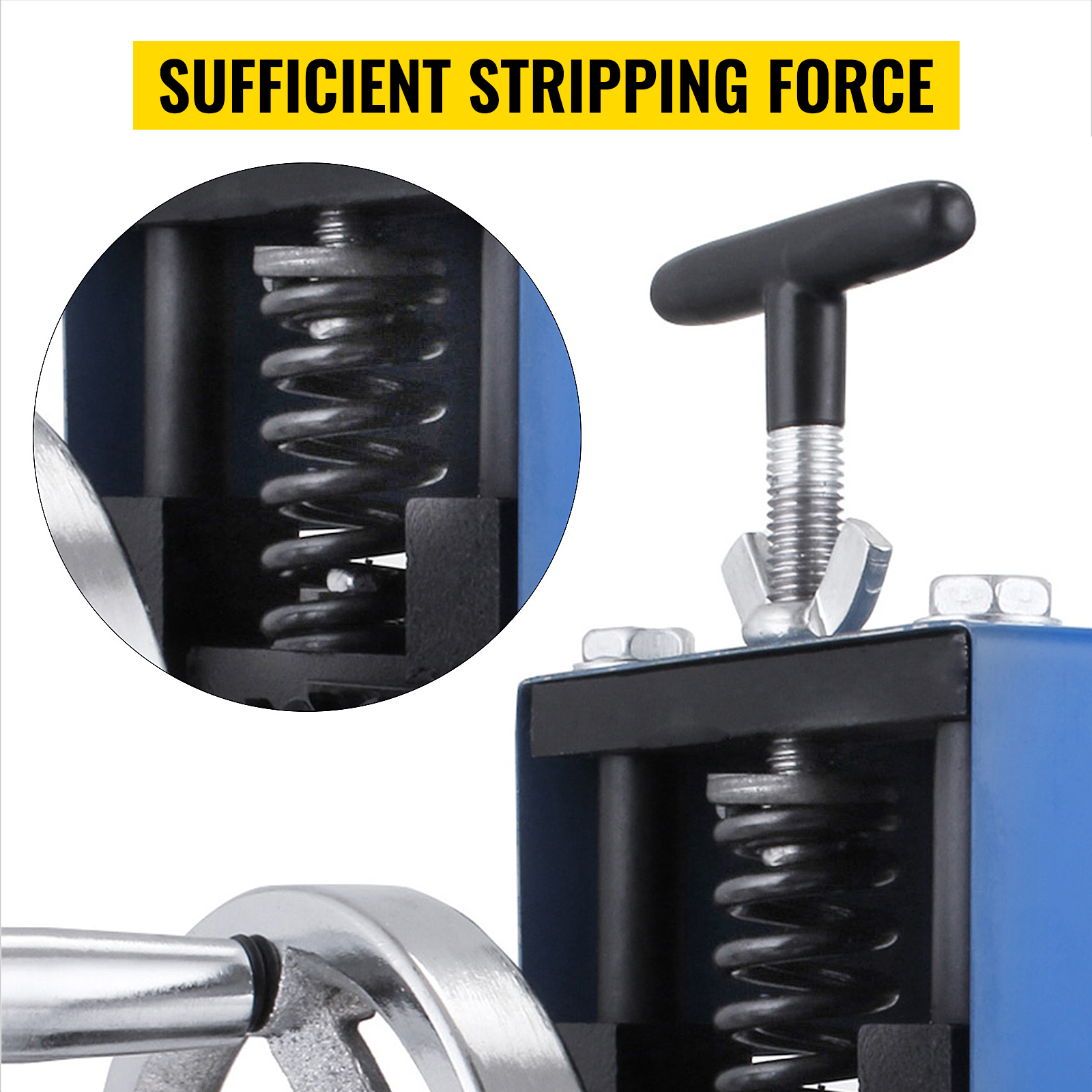 VEVOR wire stripping machine close-up with spring and handle, showcasing power.