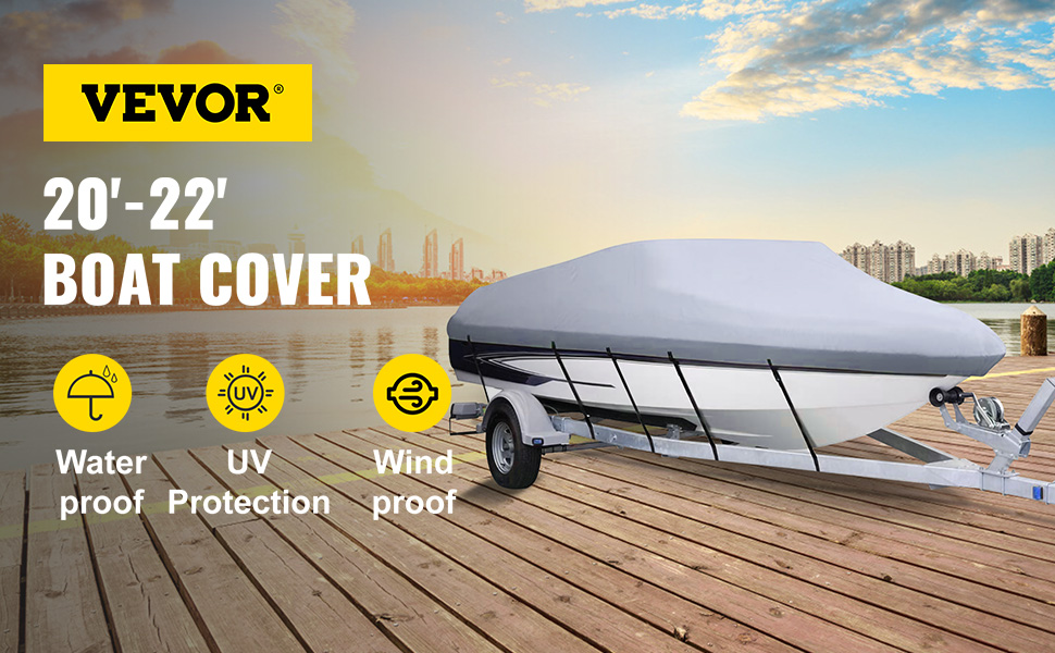 VEVOR boat cover on a trailer with waterproof, uv protection, and windproof icons.