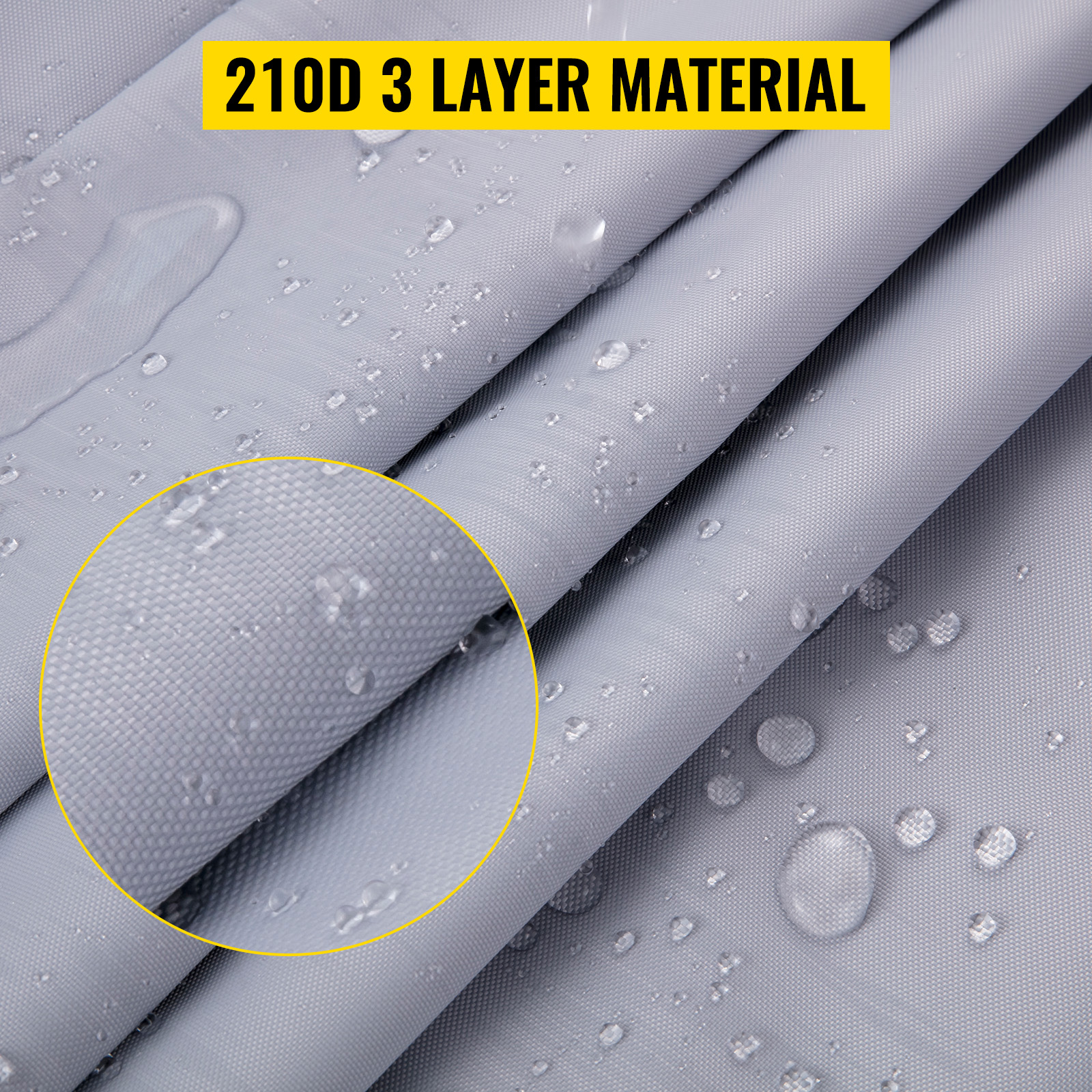 waterproof 210d 3-layer fabric detail of VEVOR boat cover with water droplets