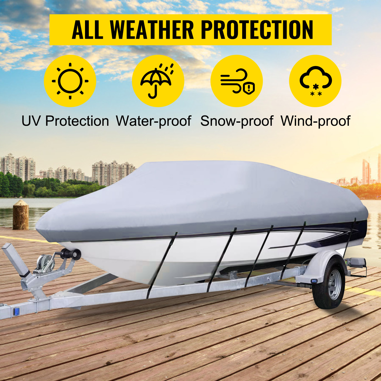 VEVOR boat cover offering all-weather protection, including uv, waterproof, snow-proof, and wind-proof.
