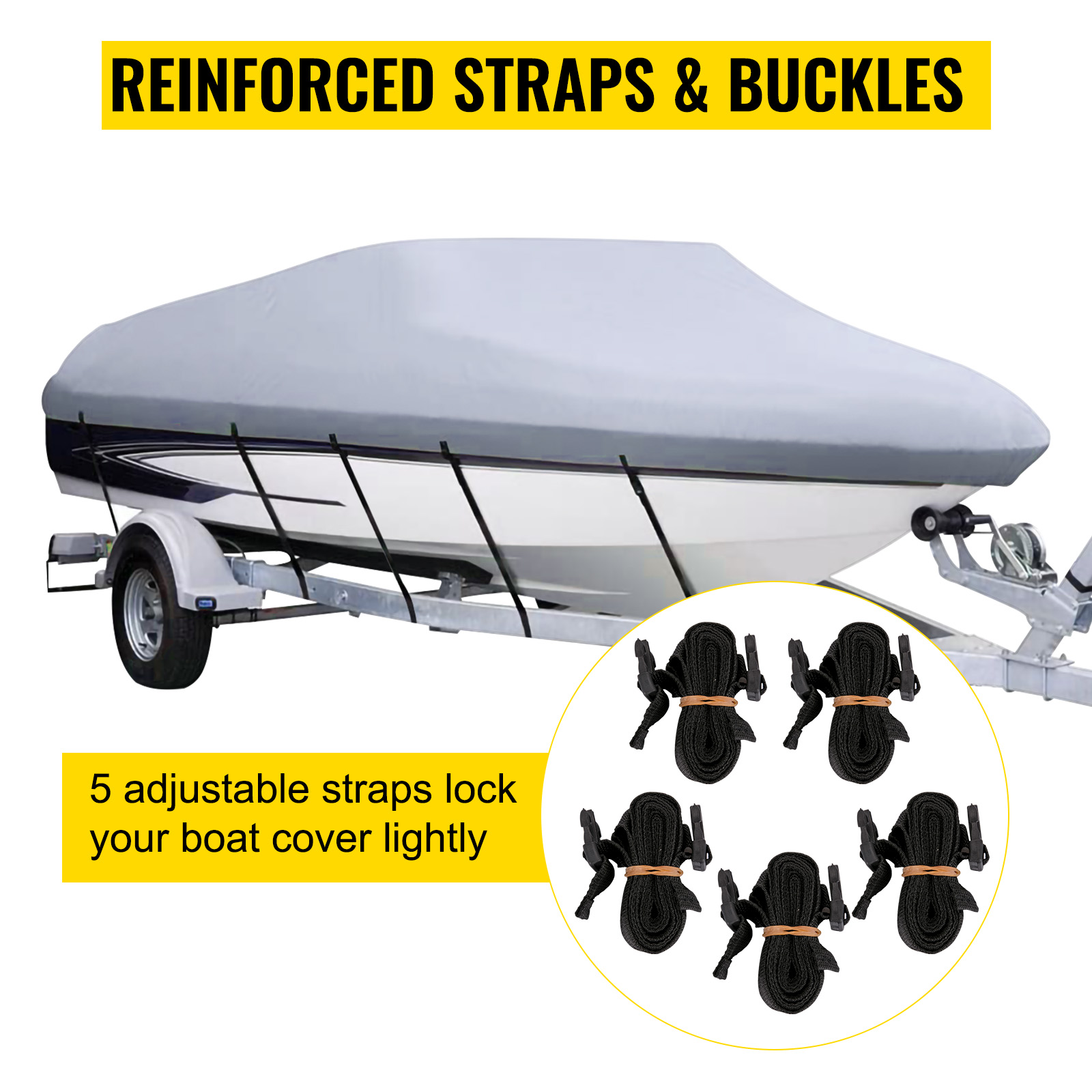 VEVOR boat cover with 5 adjustable straps and buckles, ensuring a snug fit.