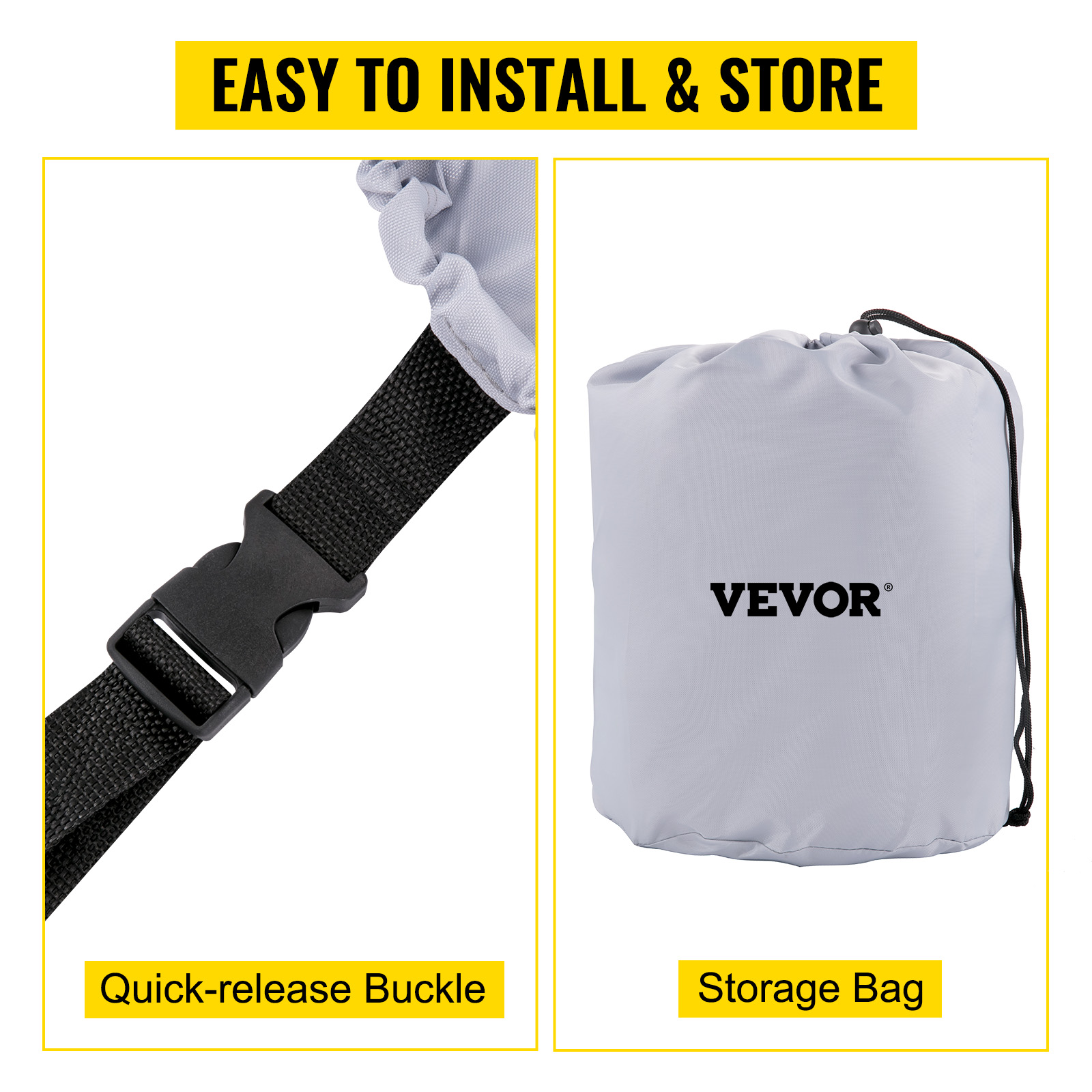 VEVOR boat cover with quick-release buckle and compact storage bag for easy installation.
