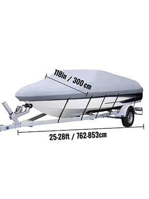 VEVOR waterproof boat cover on trailer, fits boats 762-853cm long, 300cm wide.