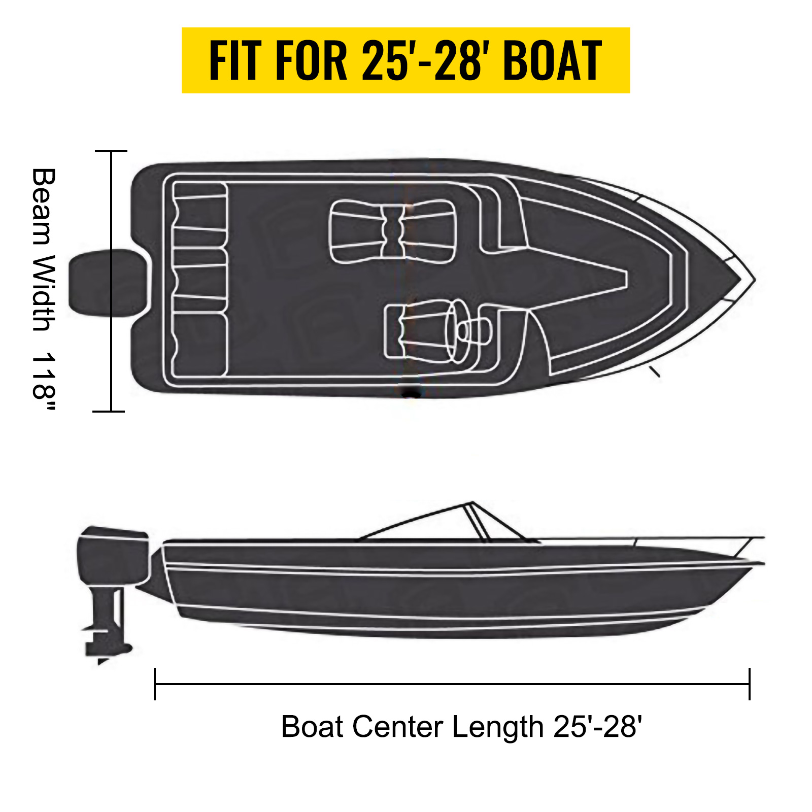 fit for 25'-28' boat, beam width 118", boat center length 25'-28', VEVOR waterproof boat cover