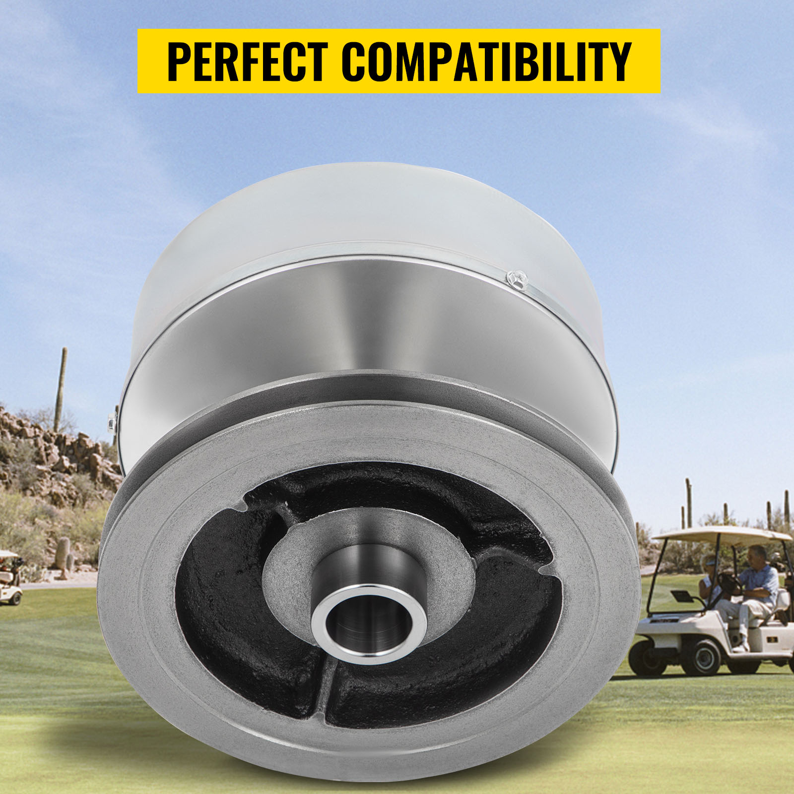 VEVOR golf cart drive clutch with "perfect compatibility" text in a golf course setting.