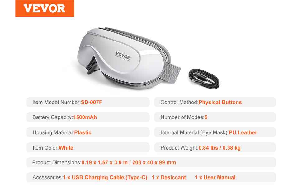 VEVOR heated eye massager with physical buttons, 1500mah battery, white plastic housing, and pu leather mask.