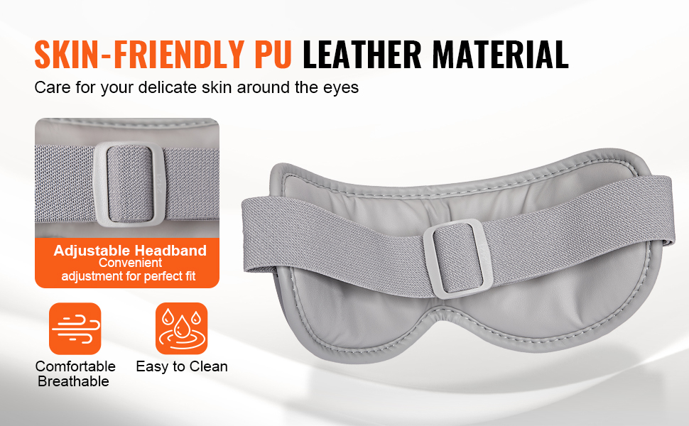 VEVOR heated eye massager with adjustable headband, skin-friendly pu leather, breathable and easy to clean.