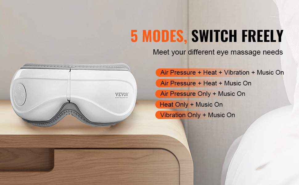 VEVOR heated eye massager with 5 modes: air pressure, heat, vibration, music for relaxation.