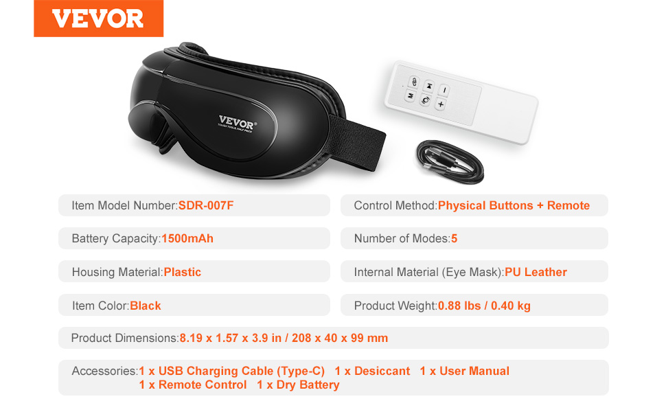 VEVOR eye massager with remote control, black plastic housing, and five modes, battery capacity 1500mah.