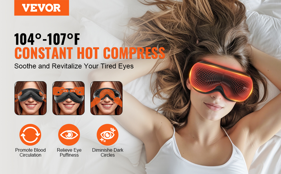 VEVOR eye massager offering a hot compress for eye relief, promoting circulation and reducing puffiness.