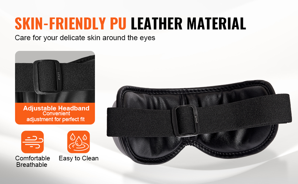 VEVOR eye massager with adjustable headband, skin-friendly pu leather, and easy-to-clean material.