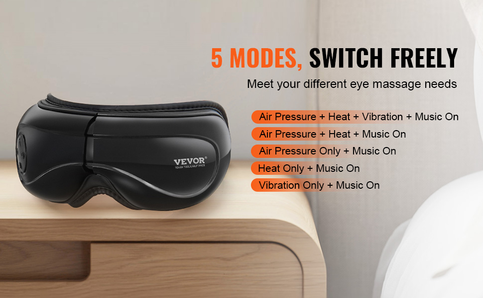 VEVOR eye massager on nightstand, showcasing its 5 modes and benefits for eye massage needs.