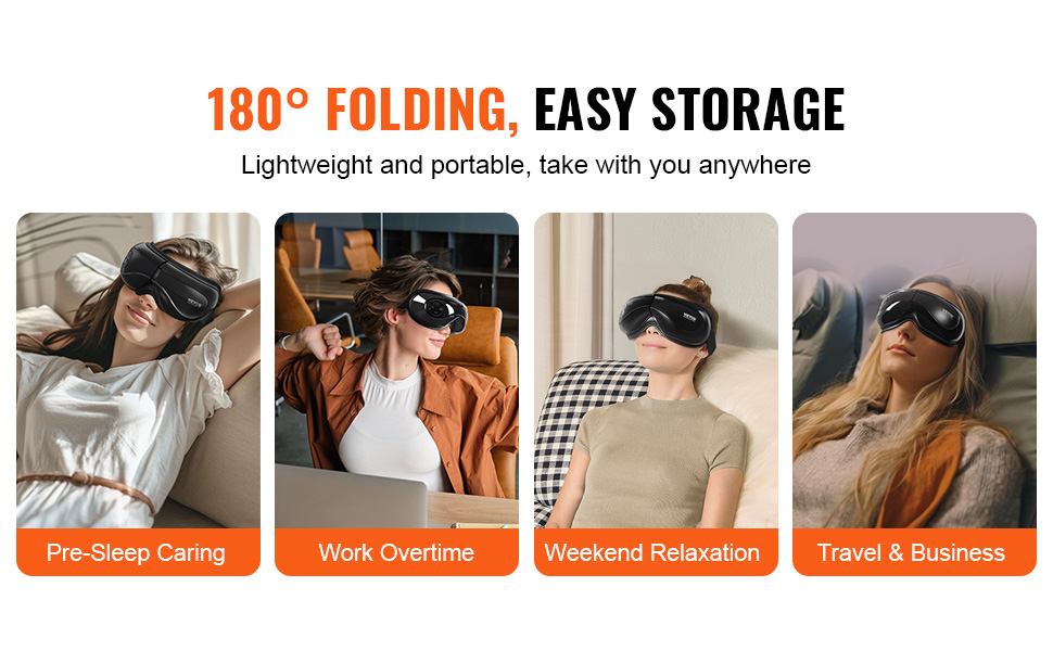 VEVOR eye massager: 180° folding for easy storage. ideal for pre-sleep, work, relaxation, travel.